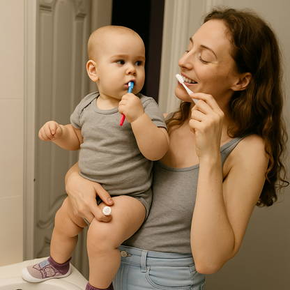 Baby held by a woman in a bathroom, chewing a toothbrush and wearing pink and purple knit slip-on shoes. 4