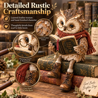 Collage with magnified circles showing the owl's feather texture, glasses, book, knitted scarf and boots 4