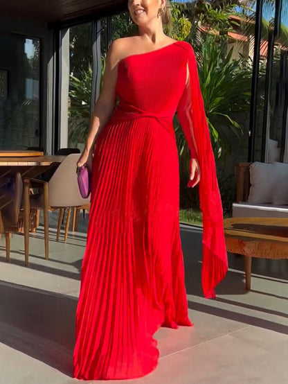 Trendy autumnal one-shoulder maxi dress with pleats – Mirella