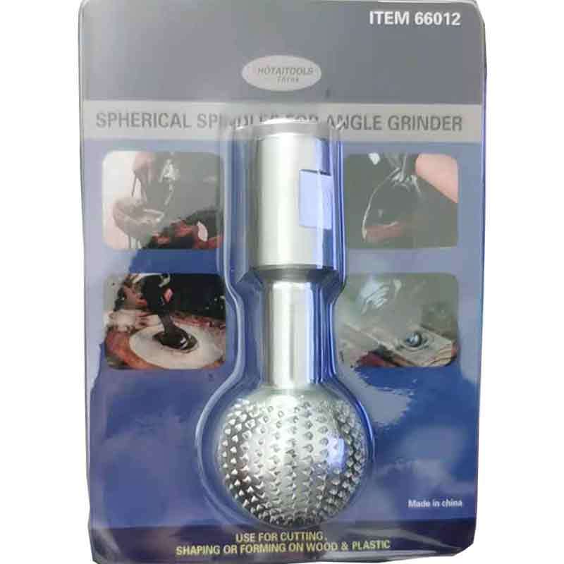 Silver-coloured ball-head carving bit in its blister packaging, surrounded by small photos of it being used 11