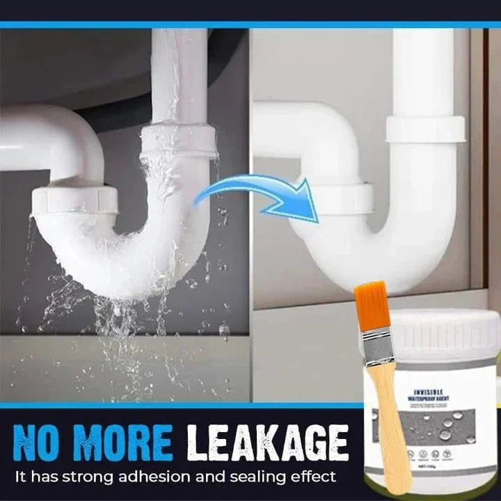 Before-and-after of a leaking white sink waste pipe, now dry, with the tub and brush 9