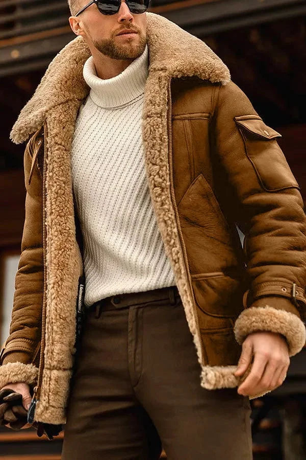 Close-up of the jacket in tan-brown suede-look leather with matching shearling collar and lining, worn open 6