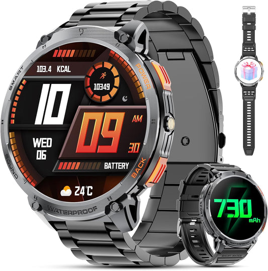 Men's military smartwatch with a 1.85-inch HD display and torch.