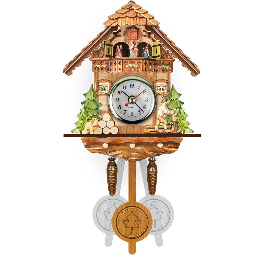 Chalet wall clock with a woodcutter chopping logs, a small dog, green trees and pine-cone weights above a maple-leaf pendulum. 4