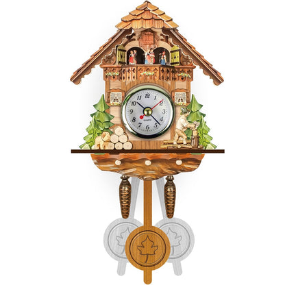 Chalet wall clock with a woodcutter chopping logs, a small dog, green trees and pine-cone weights above a maple-leaf pendulum. 4