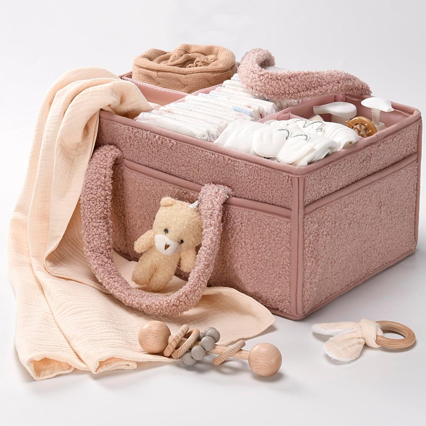 Baby Nappy Caddy Organiser – Plush Sherpa Storage Basket with Compartments – Elvoria
