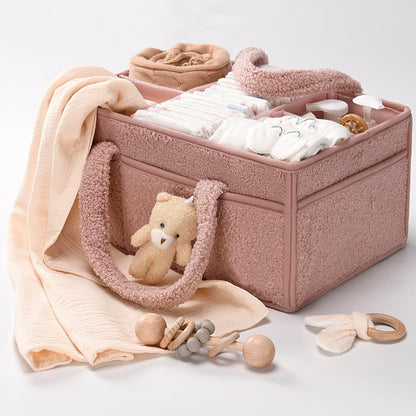 Baby Nappy Caddy Organiser – Plush Sherpa Storage Basket with Compartments – Elvoria