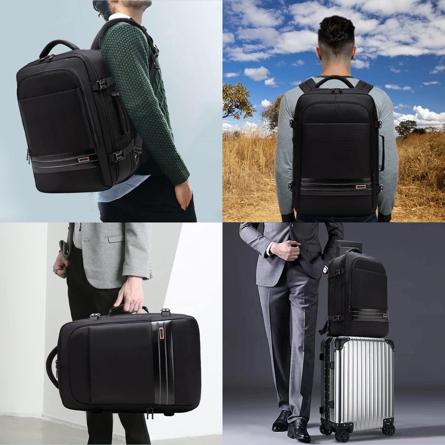 Expandable 45–55 L waterproof travel backpack with 46.5 cm laptop compartment
