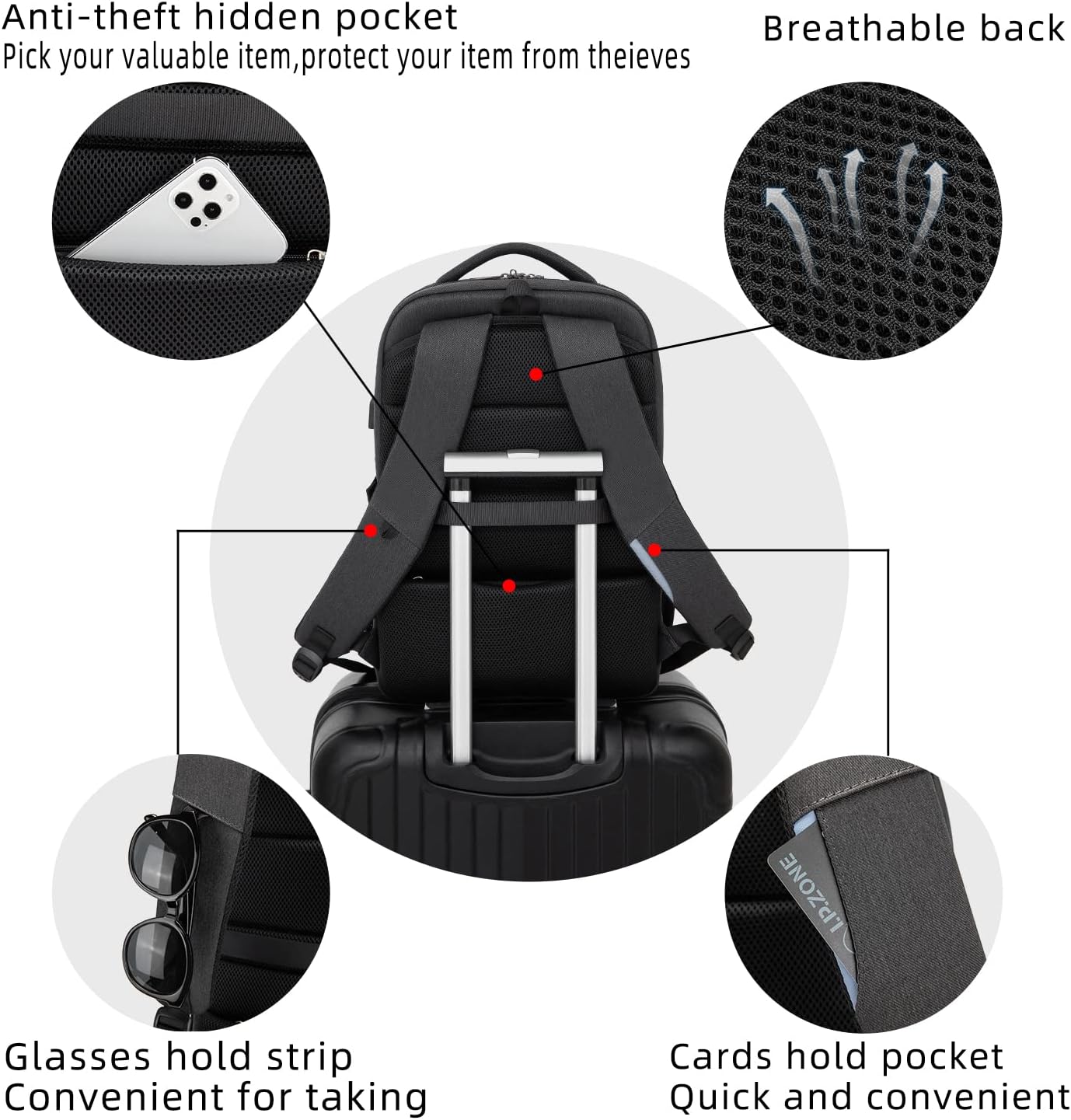 Waterproof travel laptop backpack with USB port and organised storage
