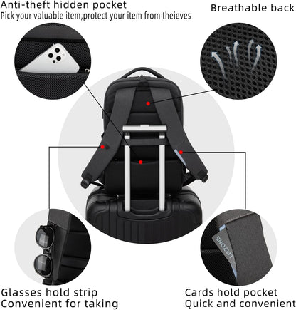 Waterproof travel laptop backpack with USB port and organised storage