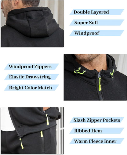 Collage of black tracksuit details: double-layered hood, bright zip pulls and drawstring toggles, slash zip pockets and 22