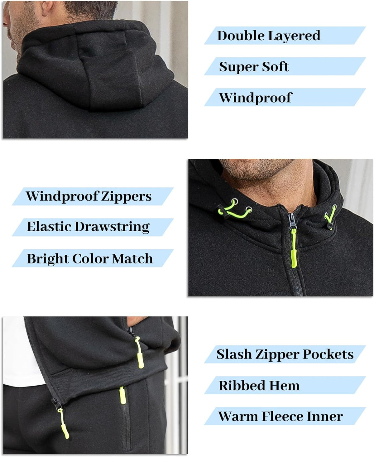 Collage of black tracksuit details: double-layered hood, lime drawstring and zip pulls, zipped pockets and ribbed hem 23