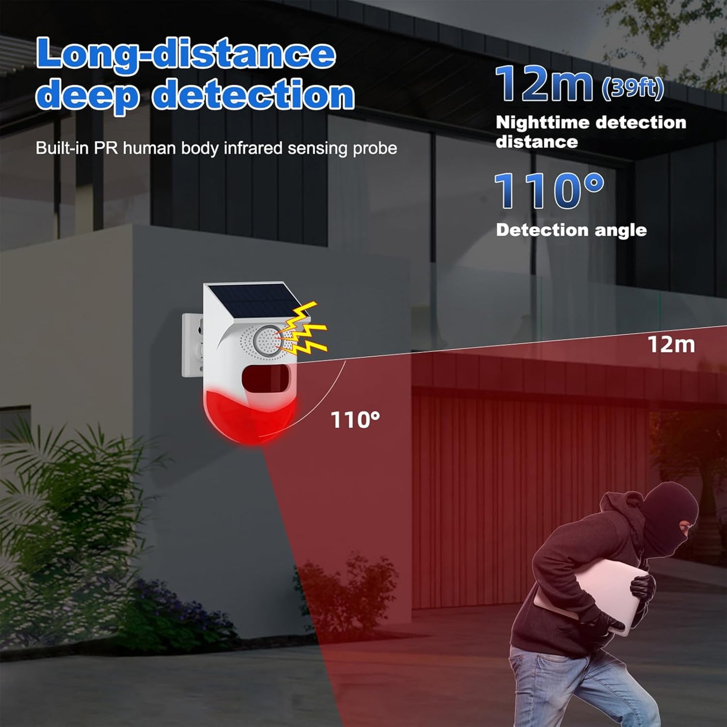 Solar motion sensor alarm with 120 dB siren and LED strobe – Feronix