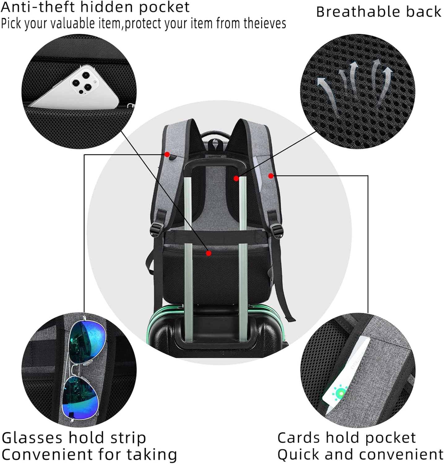 Waterproof travel laptop backpack with USB port and organised storage