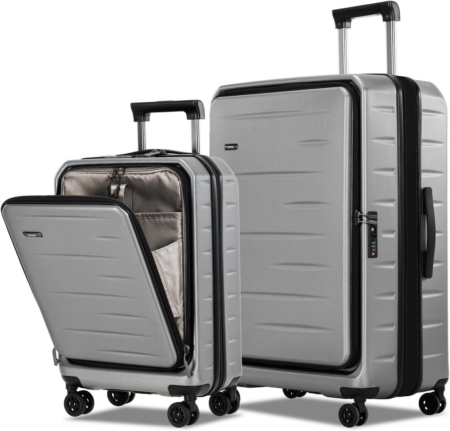 Expandable hard-shell suitcase with front compartment and TSA lock.