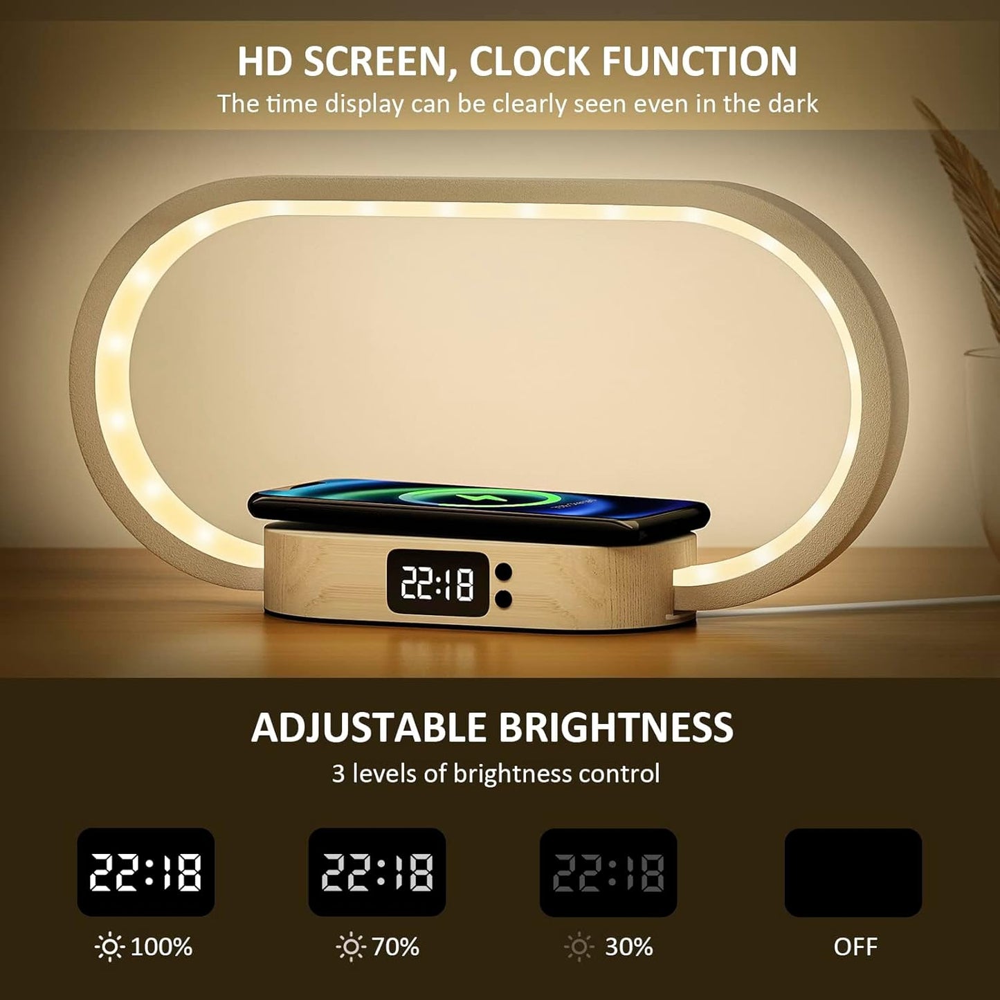 Corded lamp with wireless charging and clock – Lumora