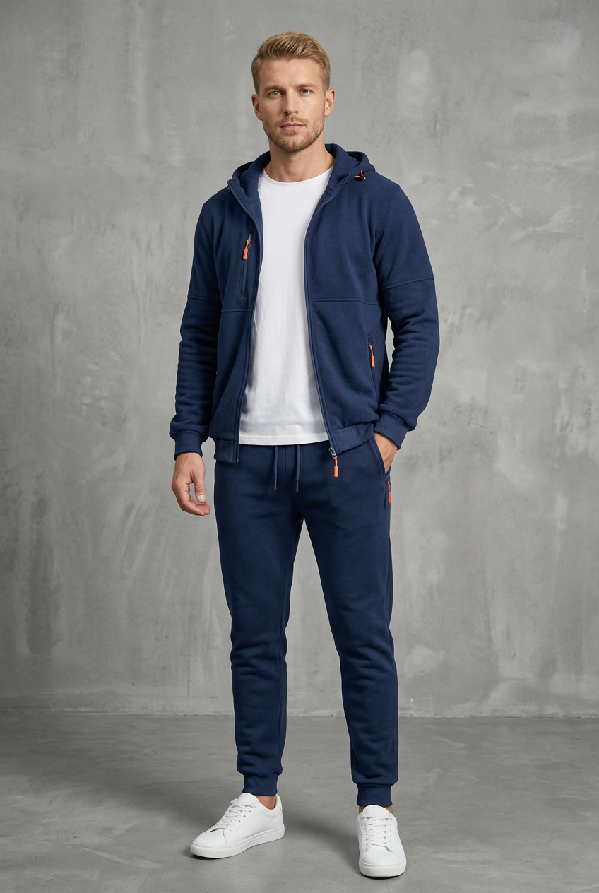 Front view of the navy set with orange zip pulls, worn open over a white T-shirt 2
