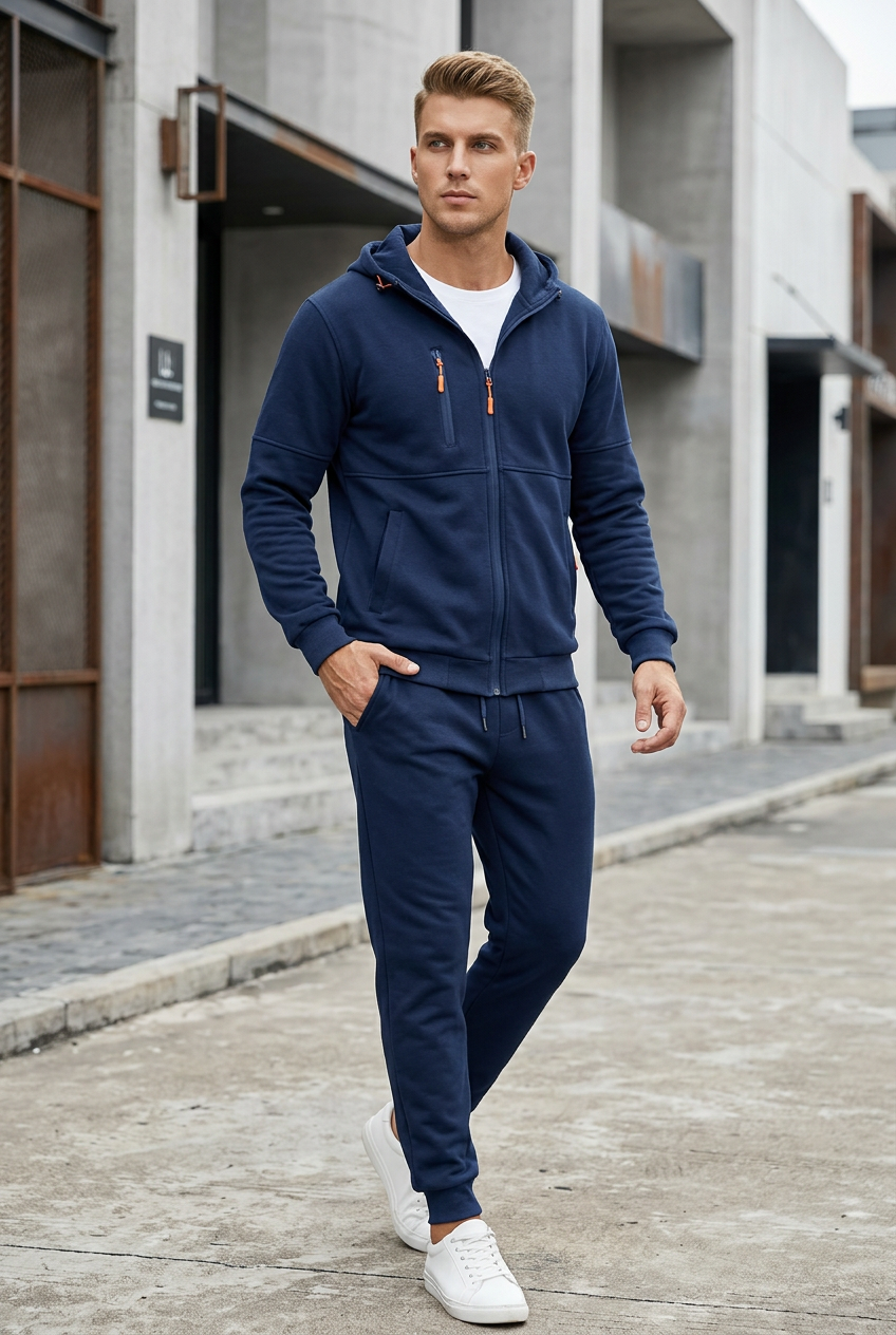 Man in navy zip-up hoodie and joggers with orange zip pulls, walking past concrete buildings 1