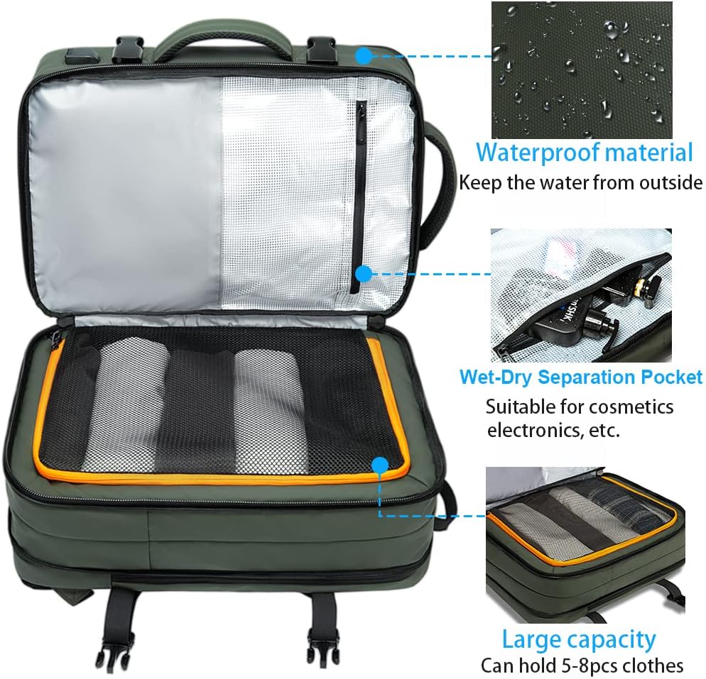 Expandable 26–45 L waterproof travel backpack with laptop compartment and duffel option.
