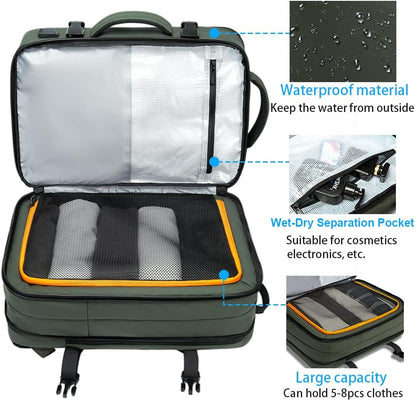 Expandable 26–45 L waterproof travel backpack with laptop compartment and duffel option.
