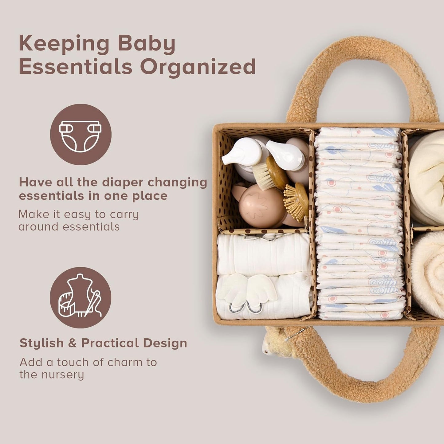Baby Nappy Caddy Organiser – Plush Sherpa Storage Basket with Compartments – Elvoria