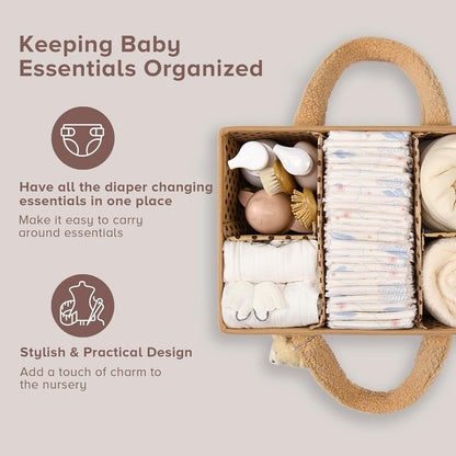 Baby Nappy Caddy Organiser – Plush Sherpa Storage Basket with Compartments – Elvoria