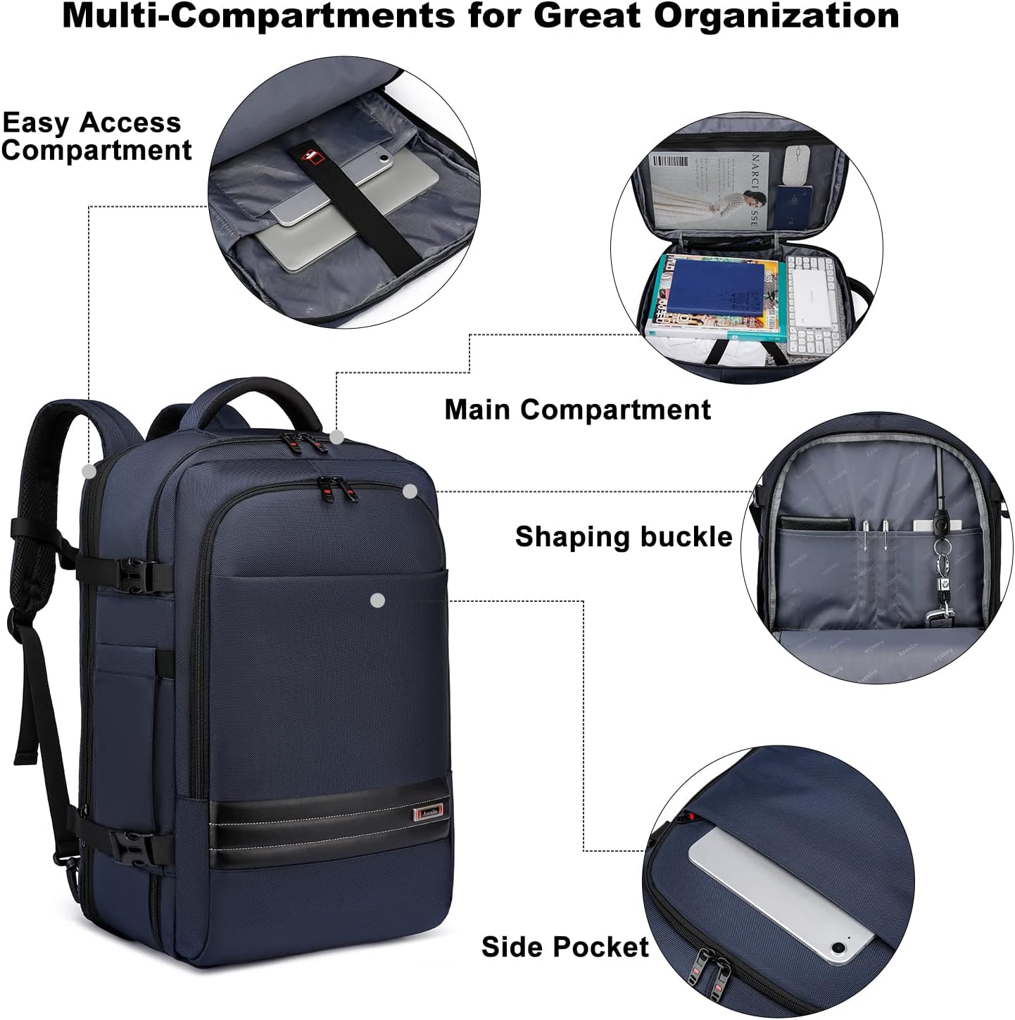 Expandable 45–55 L waterproof travel backpack with 46.5 cm laptop compartment