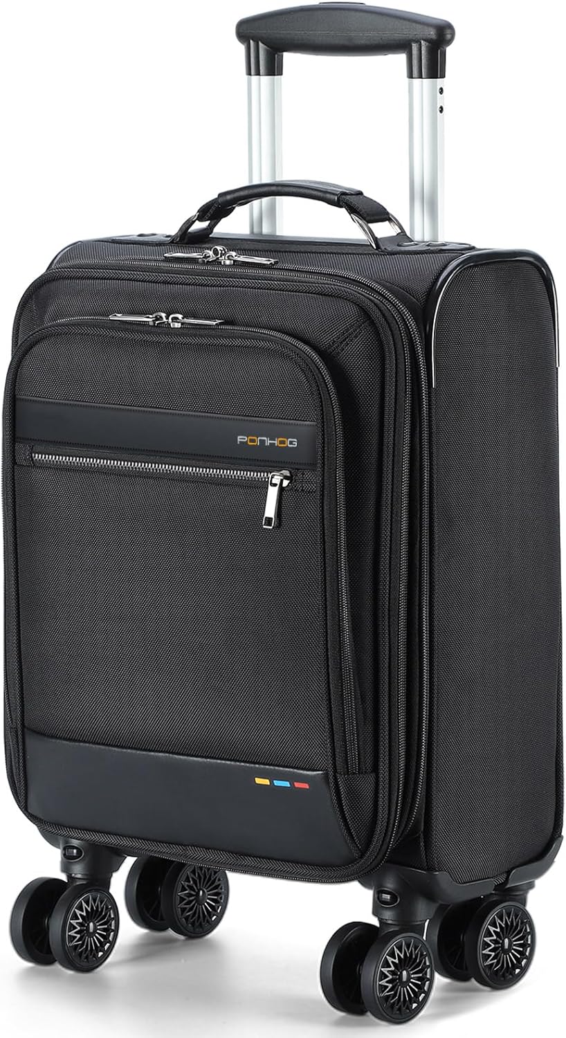 Expandable under-seat cabin bag with spinner wheels and a laptop compartment