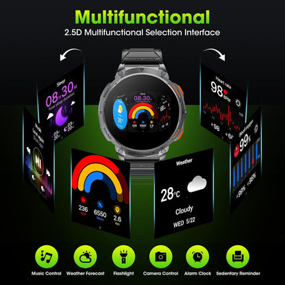 Men's military smartwatch with a 1.85-inch HD display and torch.
