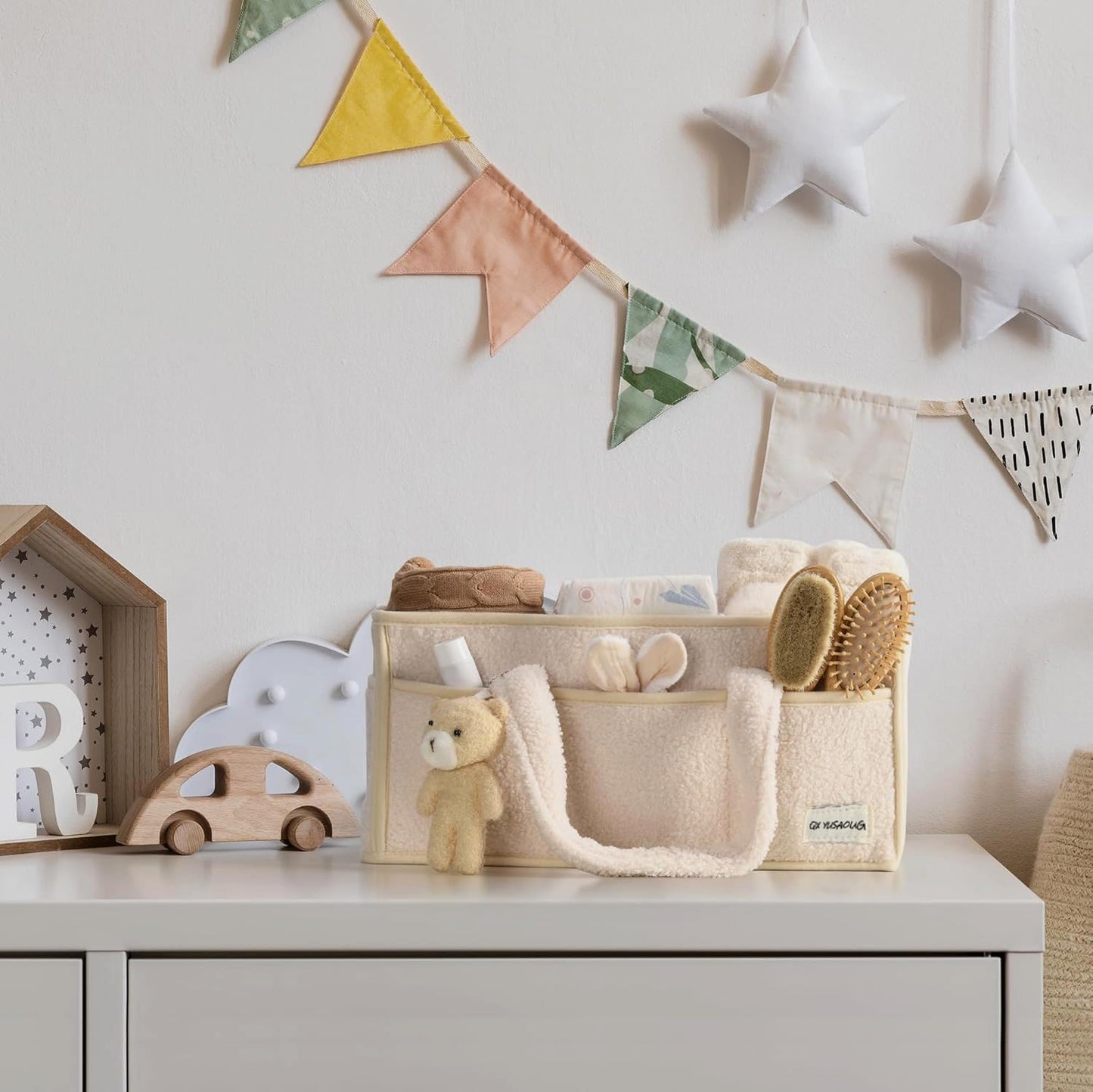 Baby Nappy Caddy Organiser – Plush Sherpa Storage Basket with Compartments – Elvoria