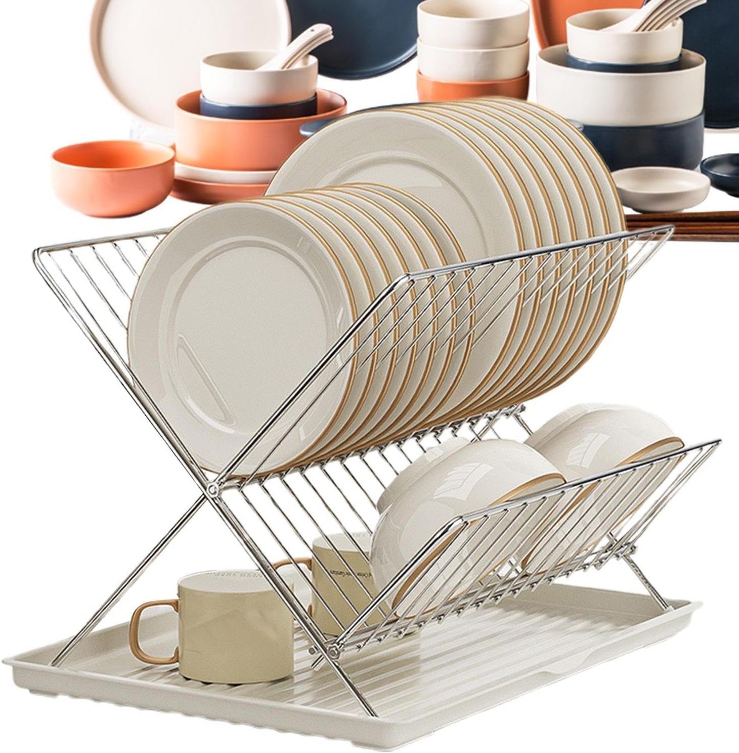 Foldable dish drainer – 2-tier kitchen drying rack with removable tray – Kelvra