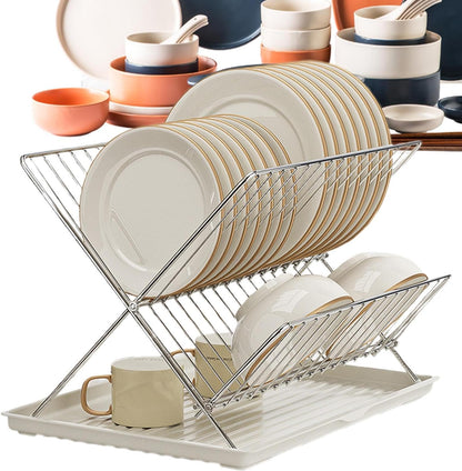 Foldable dish drainer – 2-tier kitchen drying rack with removable tray – Kelvra