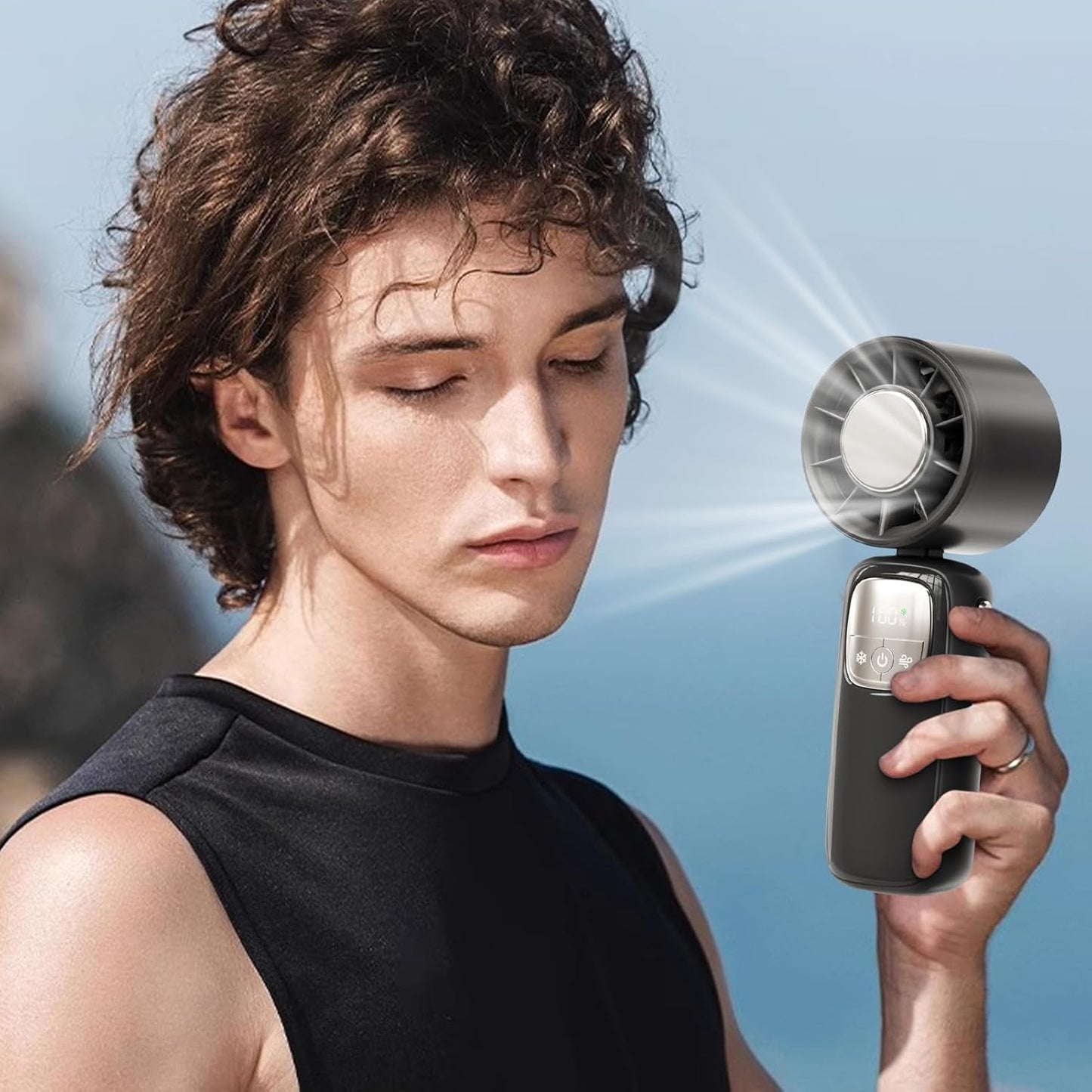 Portable, foldable hand-held fan with LED display, 100 speed settings