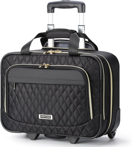 15.6" rolling suitcase for a laptop with multiple compartments and airline-approved dimensions