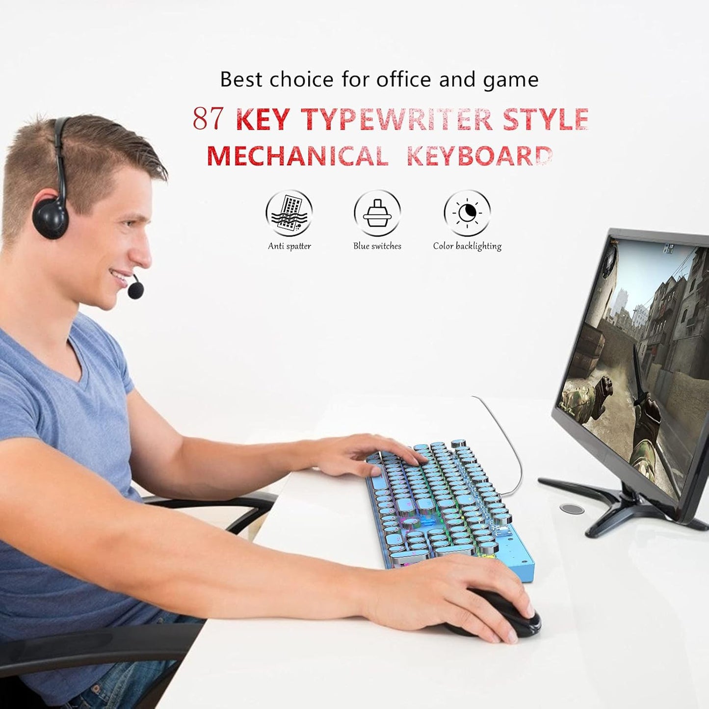 87-key mechanical gaming keyboard with RGB backlighting, blue switches