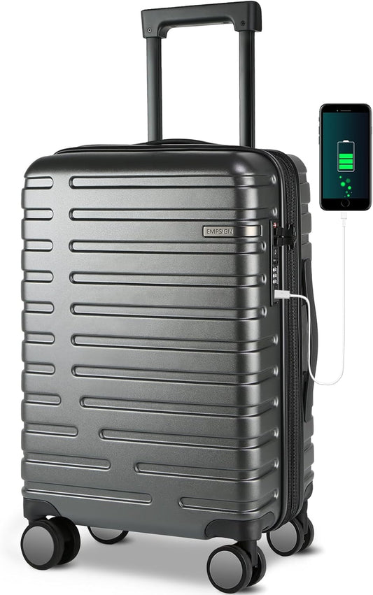 Extendable hard-shell suitcase with spinner wheels and TSA lock.