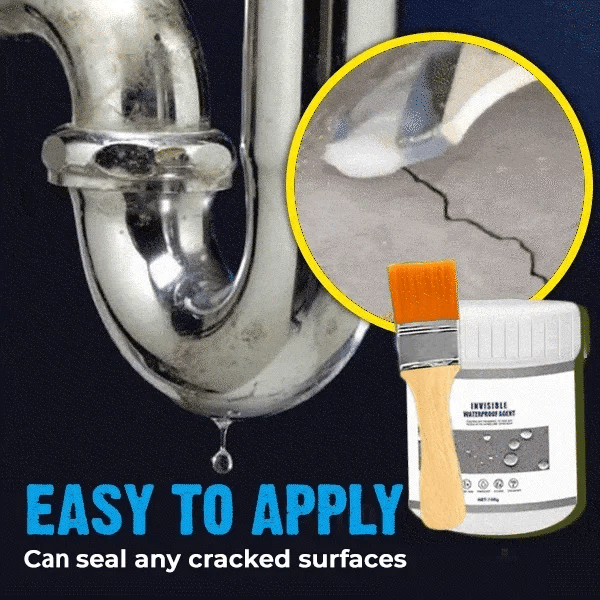 Dripping chrome sink trap, a brush spreading sealant over a concrete crack, and the tub with brush 8