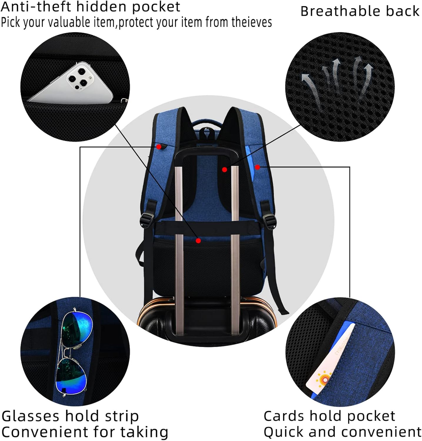 Waterproof travel laptop backpack with USB port and organised storage