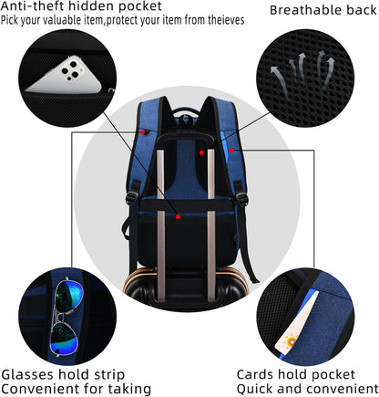 Waterproof travel laptop backpack with USB port and organised storage