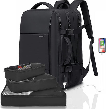 Expandable 26–45 L waterproof travel backpack with laptop compartment and duffel option.