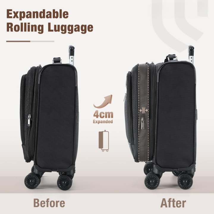 Expandable under-seat cabin bag with spinner wheels and a laptop compartment