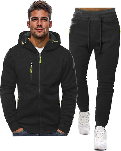 Black hooded zip jacket with lime green zip pulls beside matching black drawstring joggers 11