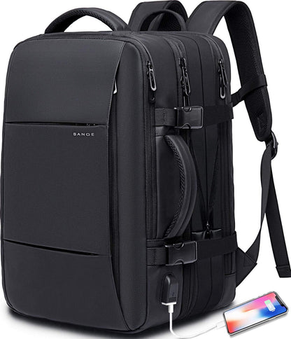 Expandable 26–45 L waterproof travel backpack with laptop compartment and duffel option.