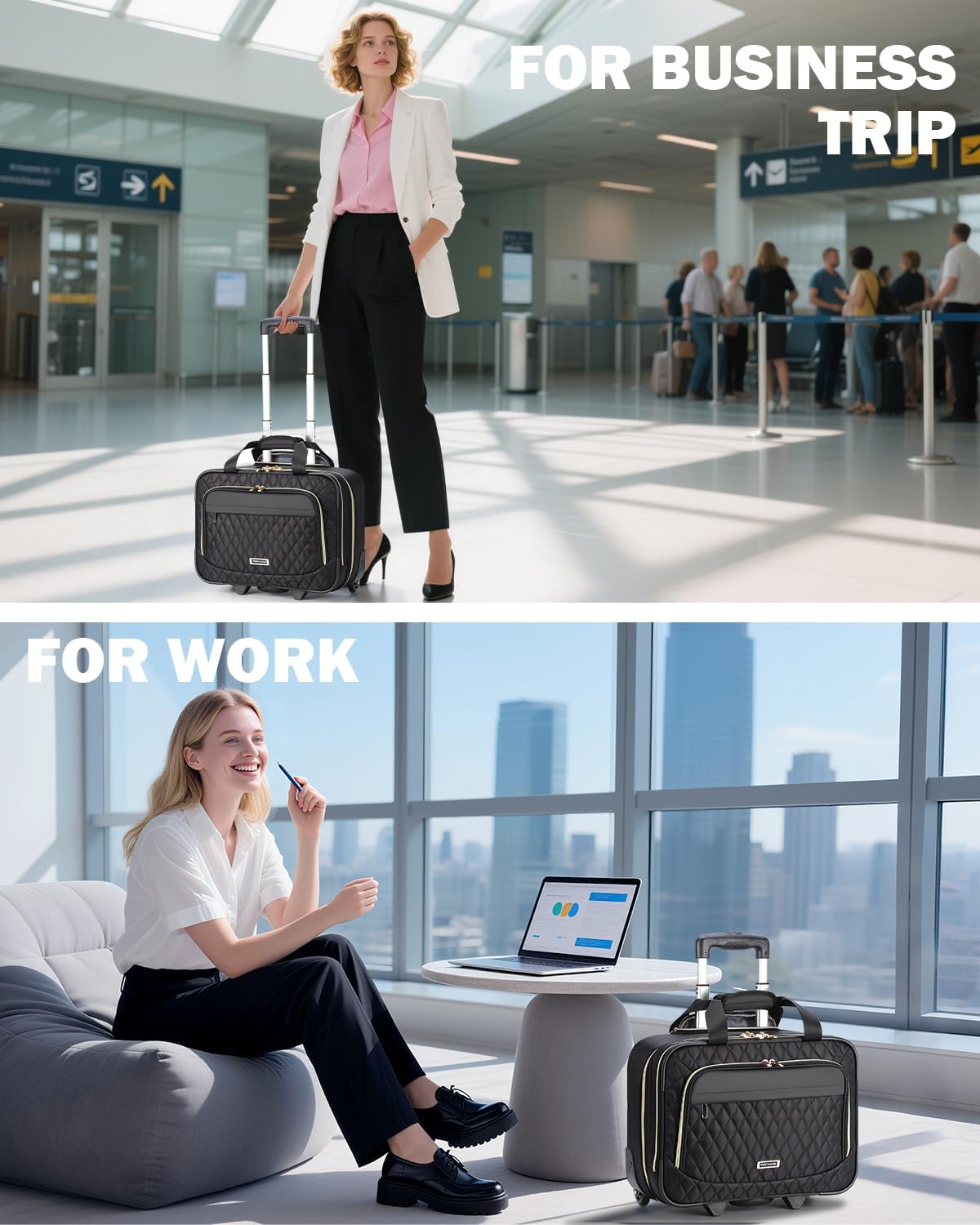 15.6" rolling suitcase for a laptop with multiple compartments and airline-approved dimensions