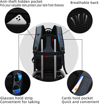 Waterproof travel laptop backpack with USB port and organised storage