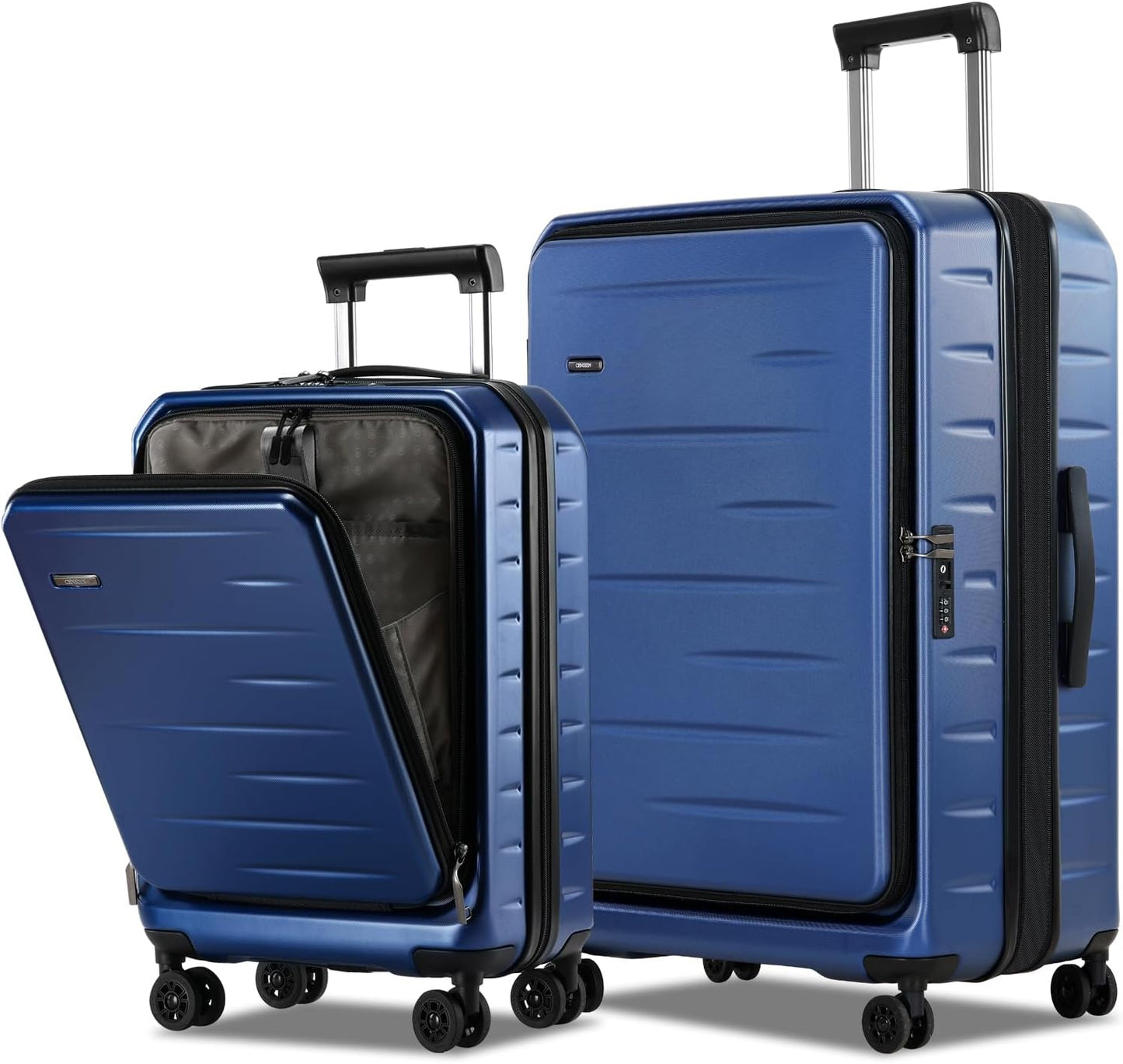 Expandable hard-shell suitcase with front compartment and TSA lock.