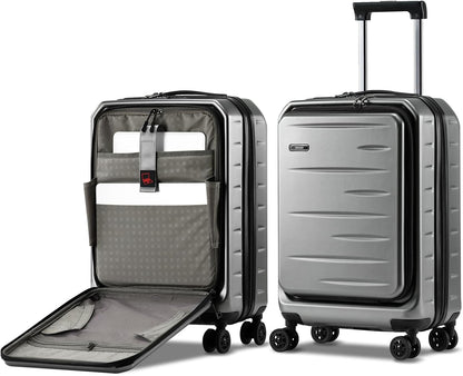 Expandable hard-shell suitcase with front compartment and TSA lock.