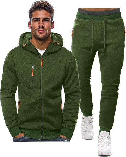 Green hooded zip jacket with orange zip pulls beside matching green drawstring joggers 8