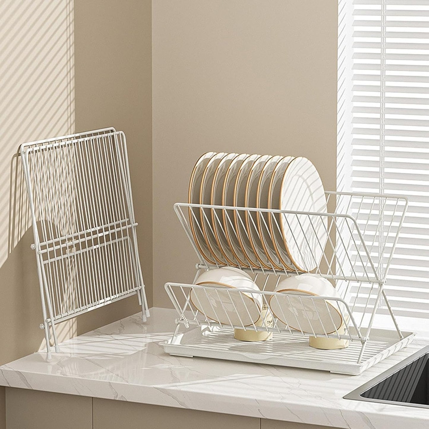 Foldable dish drainer – 2-tier kitchen drying rack with removable tray – Kelvra