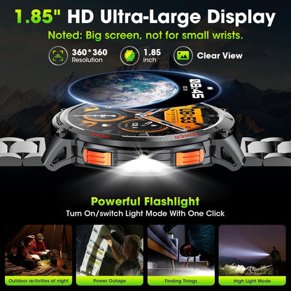 Men's military smartwatch with a 1.85-inch HD display and torch.